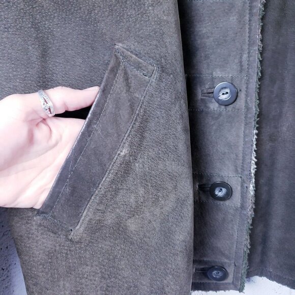 Colebrook & Co. Leather Suede Plaid Sherpa Lined Jacket Green Womens Large - Picture 8 of 13